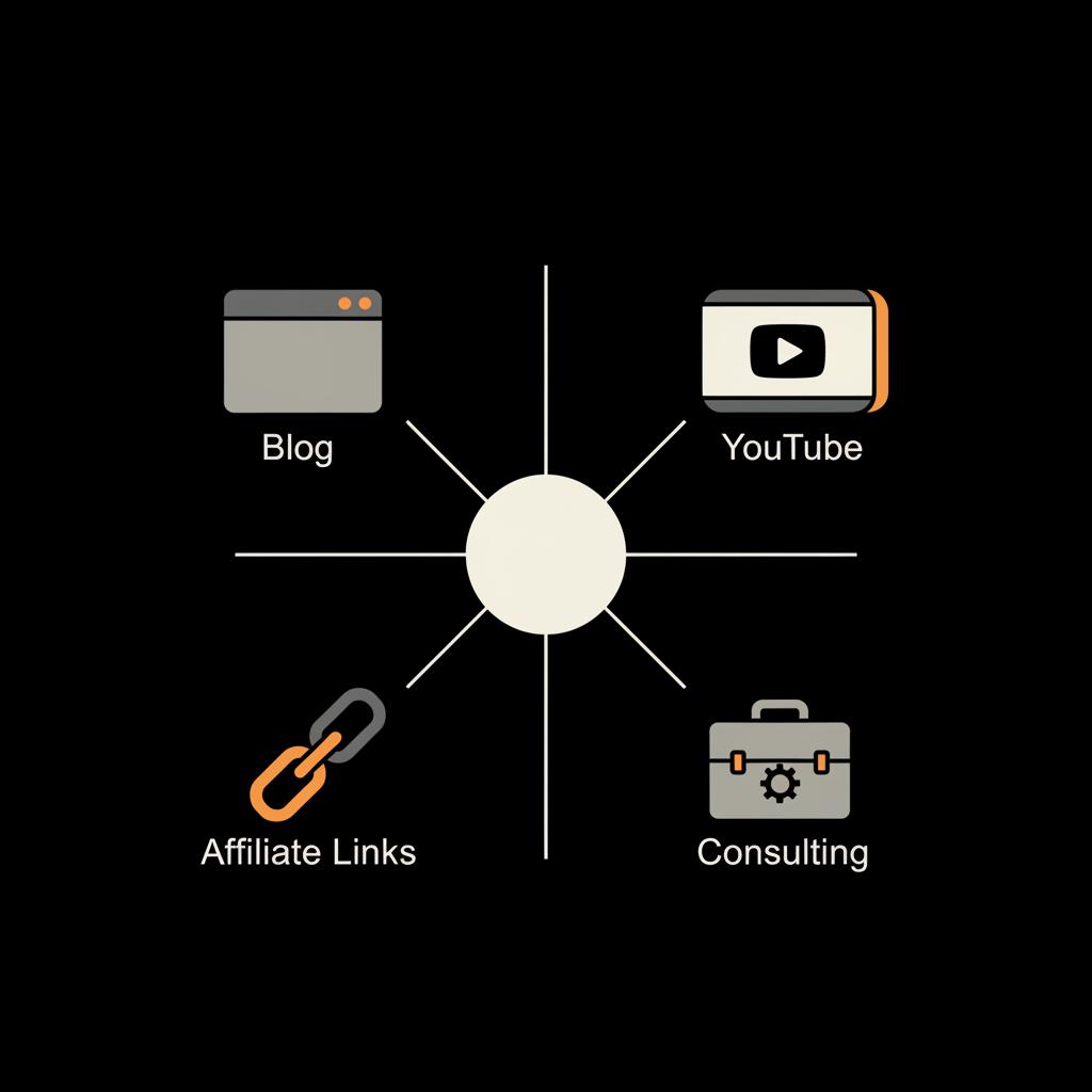 Minimal 2D vector infographic showing monetization paths — blog, YouTube, affiliate links, consulting — connected to a central hub on black background, yelp paid reviews