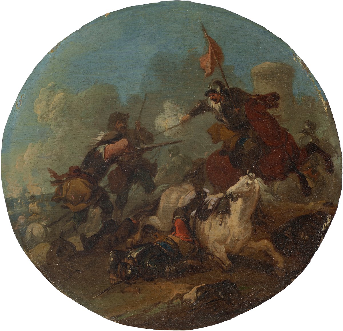 A battle scene with a fallen horse