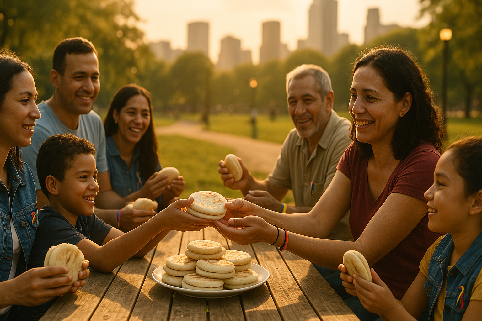 Venezolanos compartiendo arepas en una ciudad del exterior al atardecer