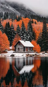 Log Cabin by Lake with Autumn and Snow