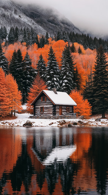 Log Cabin by Lake with Autumn and Snow - Free mobile Wallpaper