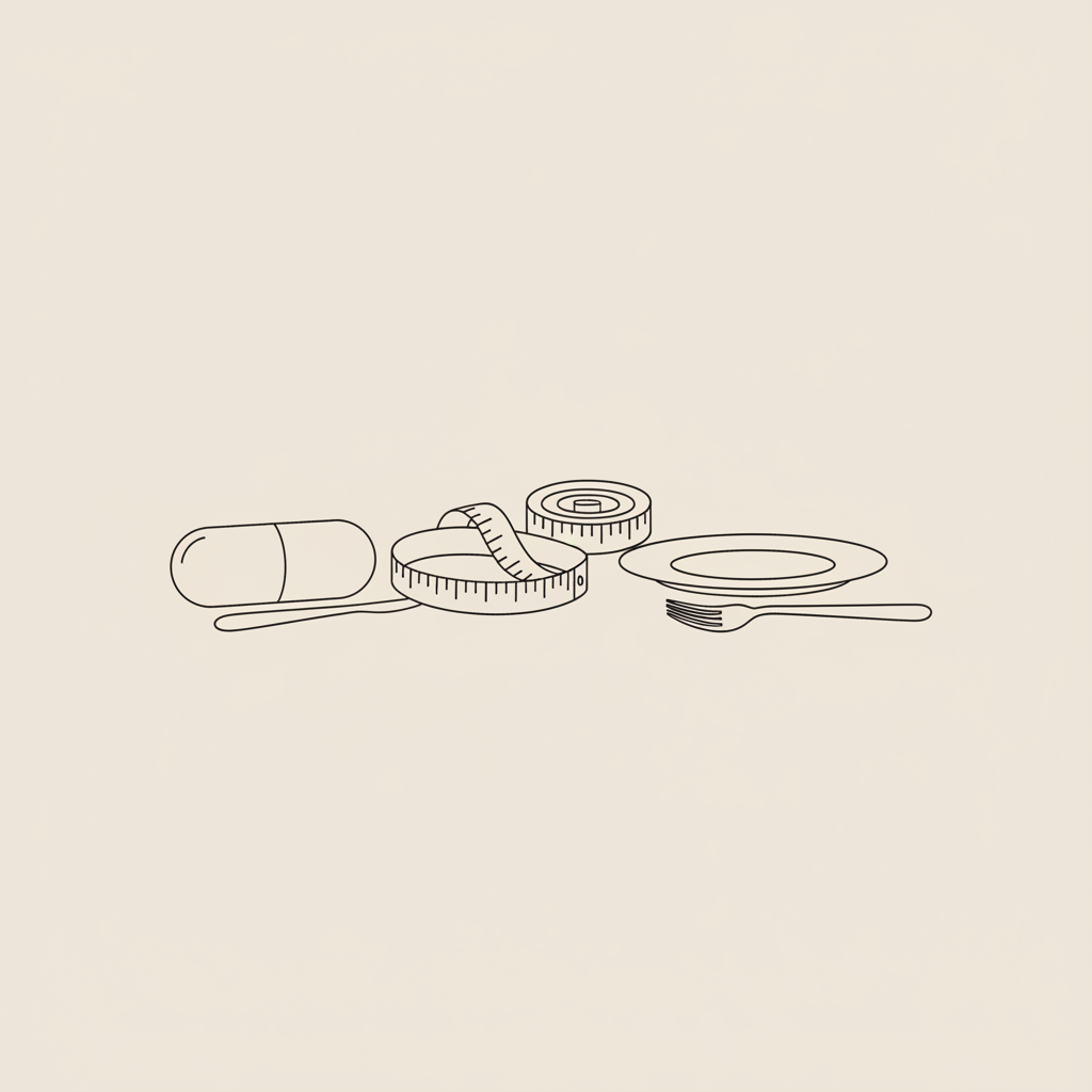 Minimal Tonum-style vector of a capsule, coiled measuring tape and small plate with fork on beige background — how long until collagen helps with weight loss