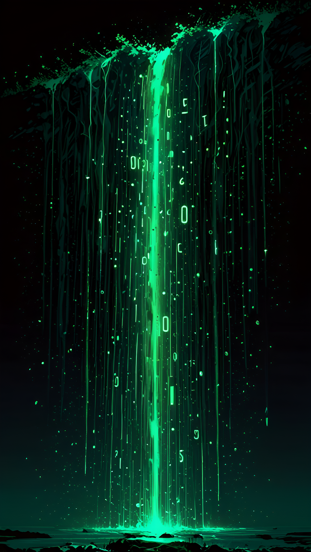 Digital Green Data Waterfall Flowing into Dark Abyss - Free 4K mobile Wallpaper
