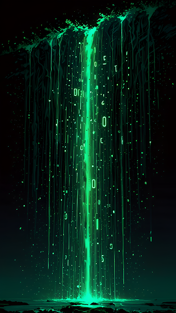 Digital Green Data Waterfall Flowing into Dark Abyss - Free mobile Wallpaper