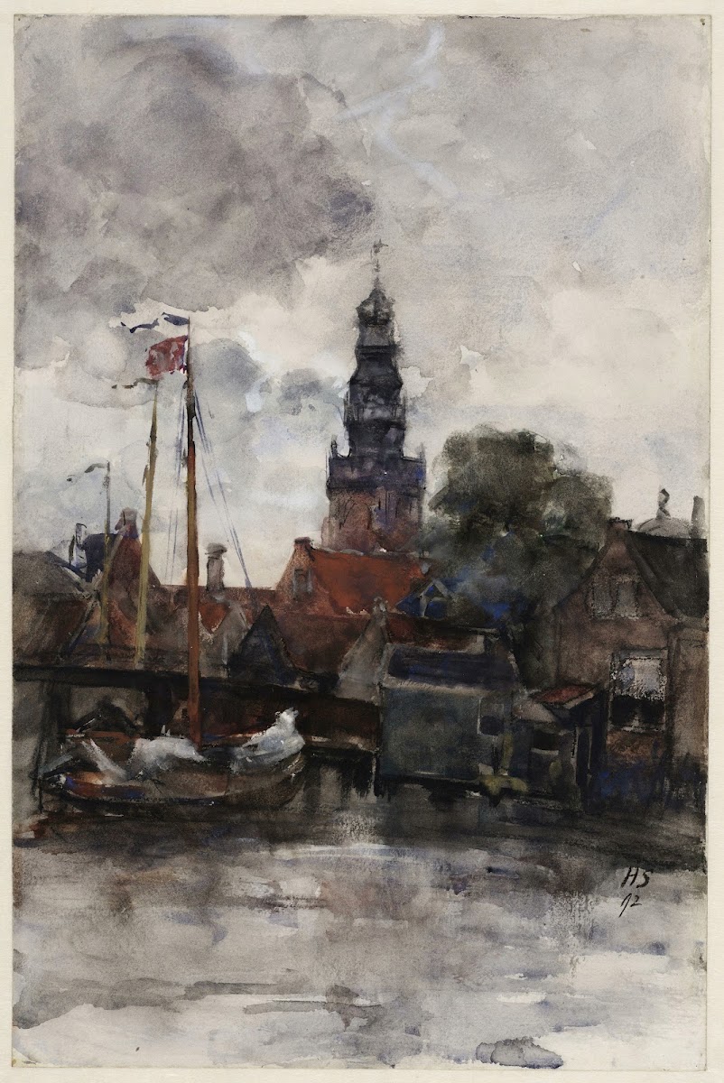 Gezicht op de haven en Speeltoren vanaf de Zuiderzee Links de Langebrug 1892
