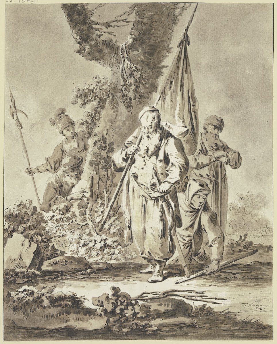 Ein alter Mann mit Fahne und Degen sowie zwei weitere Figuren 1774