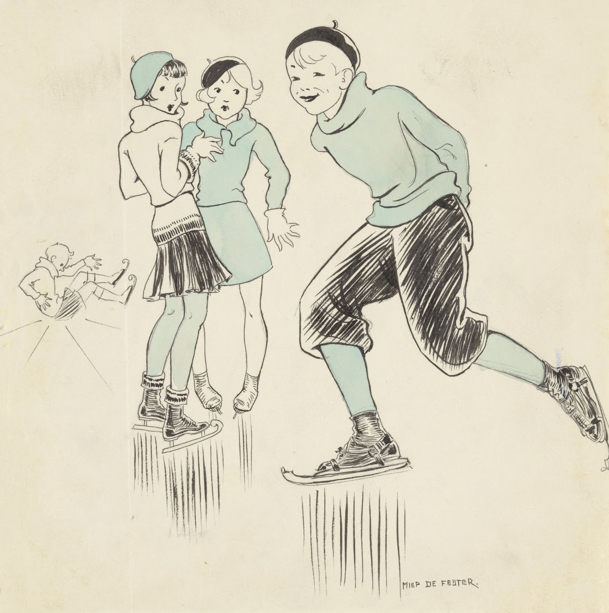 Jongen schaatsend langs twee meisjes 1928 1941