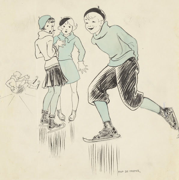 Jongen schaatsend langs twee meisjes 1928 1941