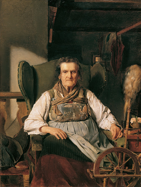 Eine Ramsauer Bäuerin am Spinnrad 1836