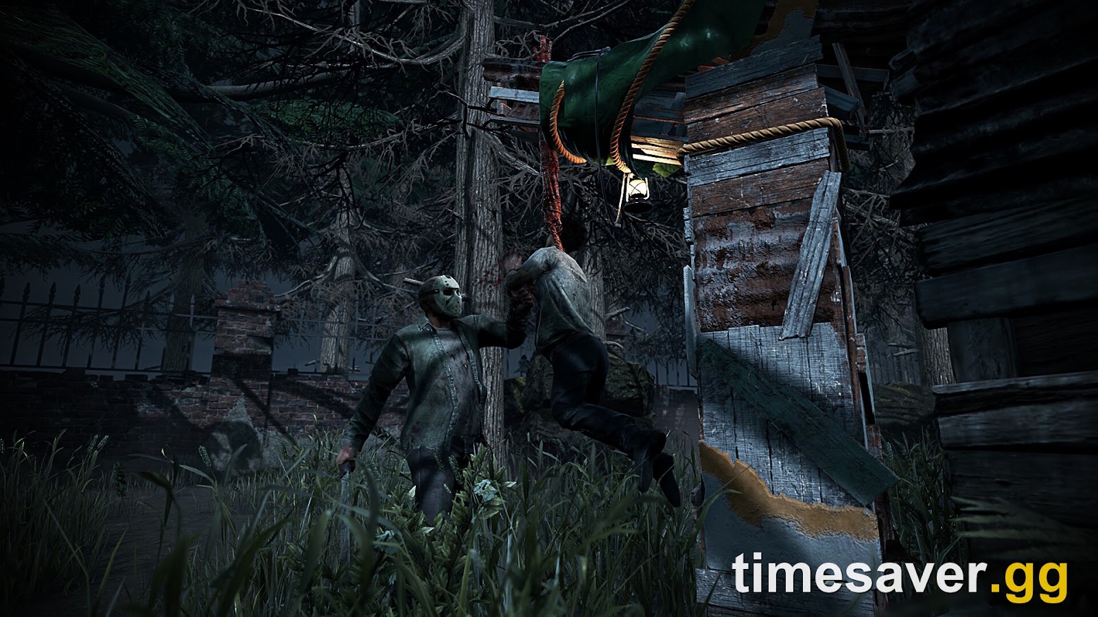 The Slasher holding a survivor by the throat beside a wooden structure and hanging lantern in Dead by Daylight