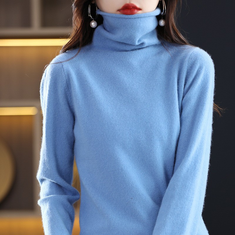 Women's wool sweater with stand-up collar made from pure wool
