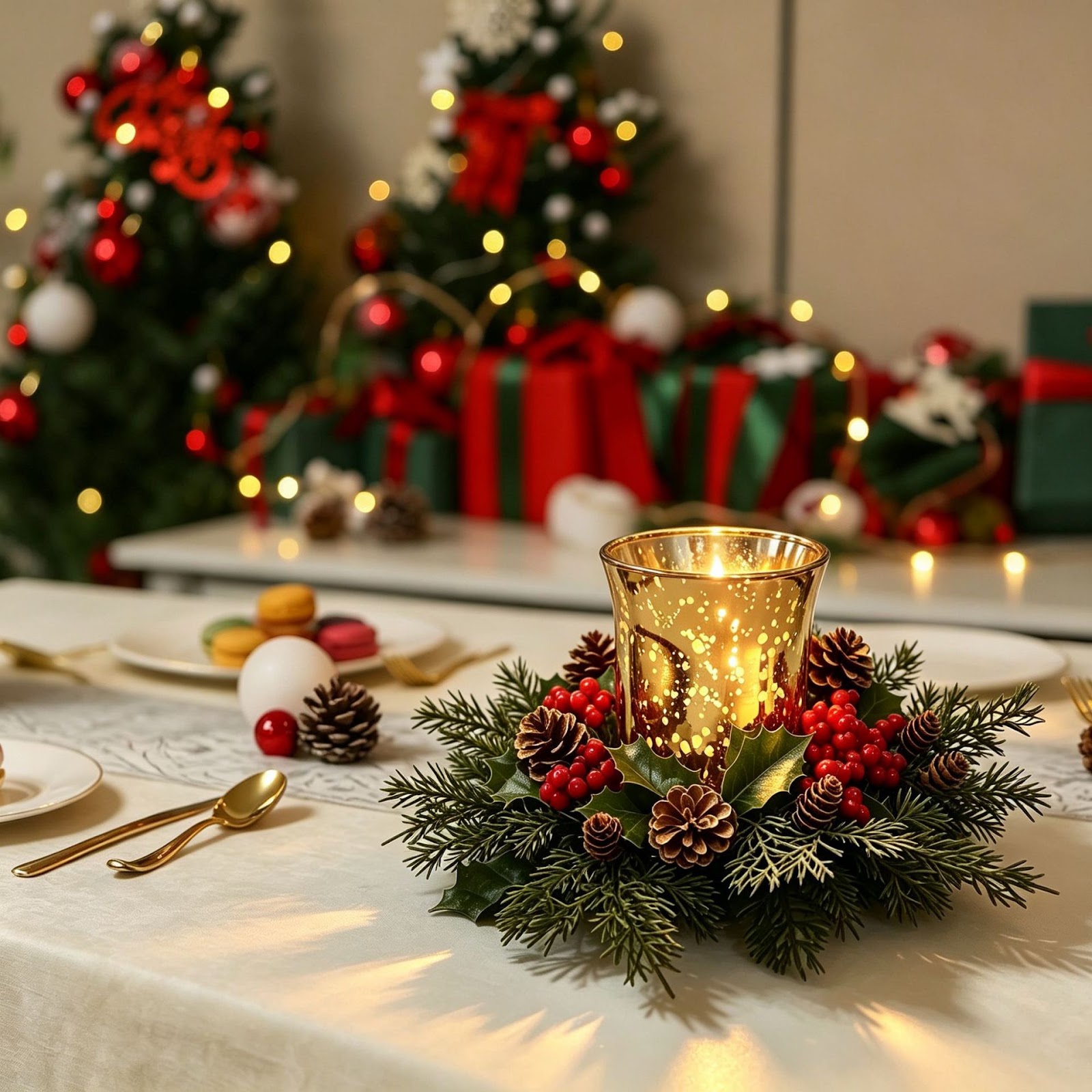 Christmas candle wreath with red berries and pine needles