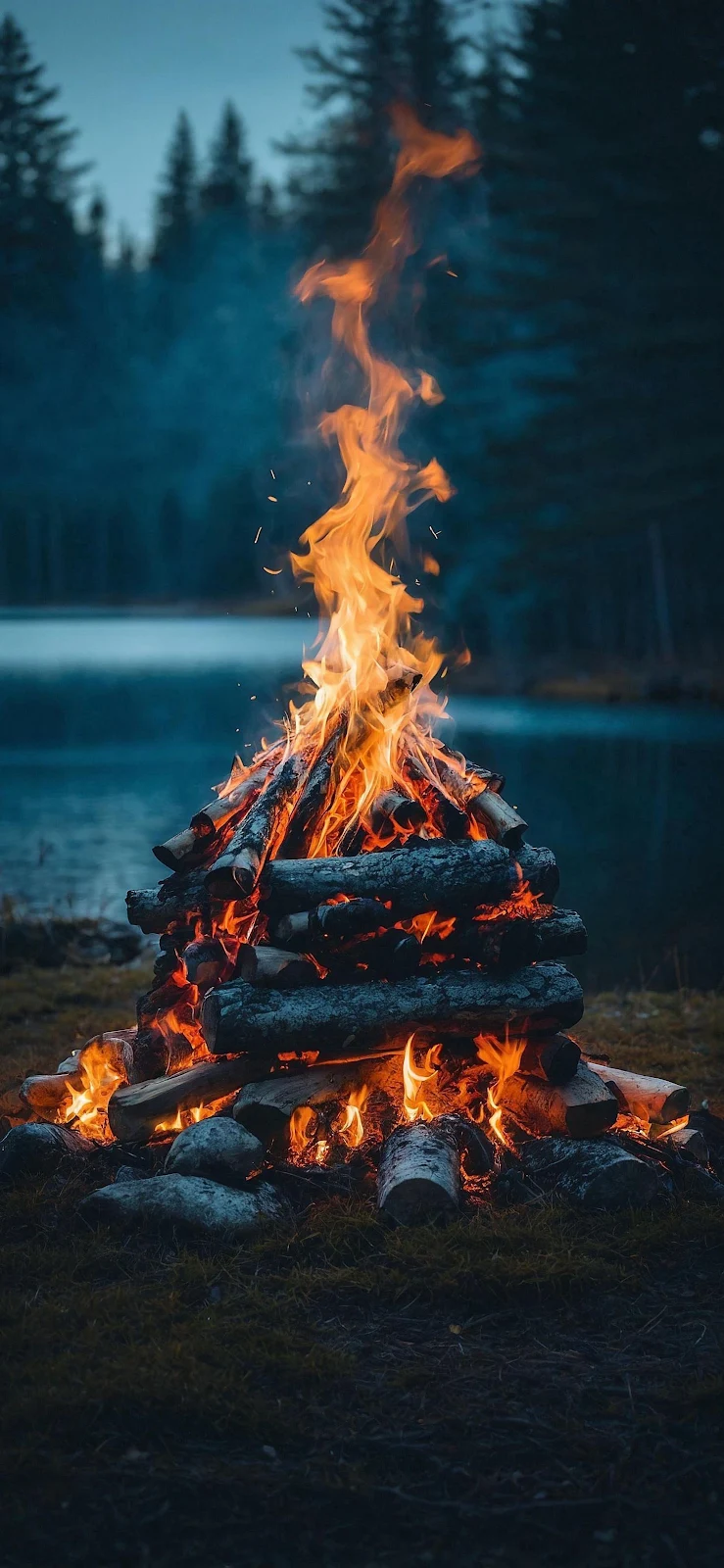 Large Campfire By A Lake - Nature Photography 2K iPhone Wallpaper (1461x3165)