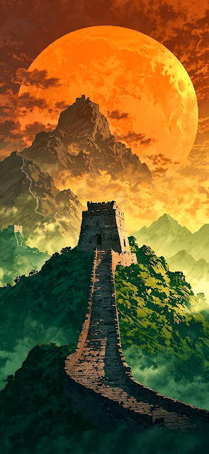 Ancient Wall on Mountain Ridge Under Giant Orange Celestial Body - Free mobile Wallpaper