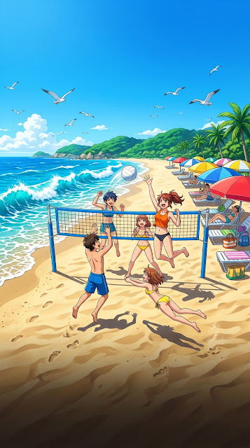 Vibrant Anime Summer Beach Volleyball Mobile Wallpaper - Free mobile Wallpaper