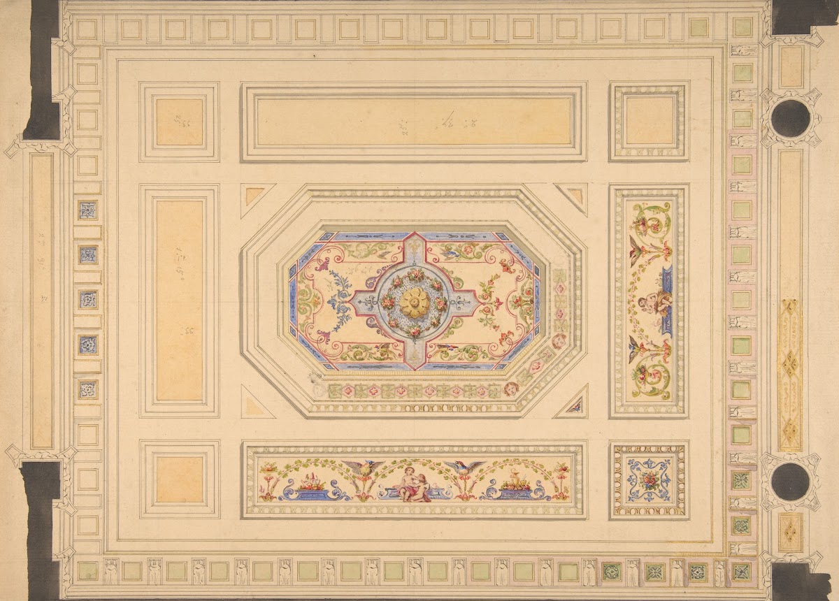 Design for a paneled ceiling painted with putti birds and floral motifs 19th Cen