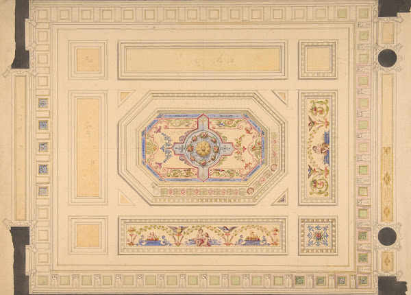 Design for a paneled ceiling painted with putti birds and floral motifs 19th Cen