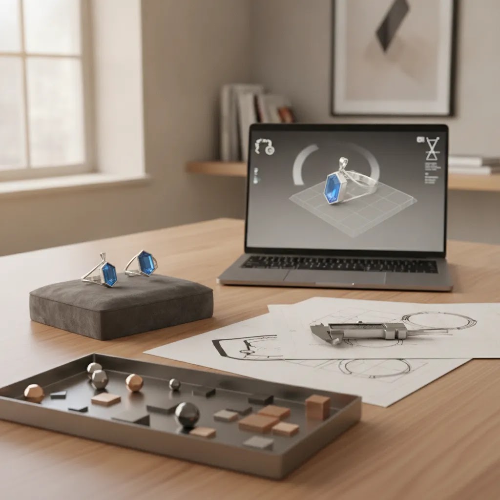 Royi Sals 3D sampling workflow shown in a premium jewelry design workspace with CAD model, prototype, and approval review tools