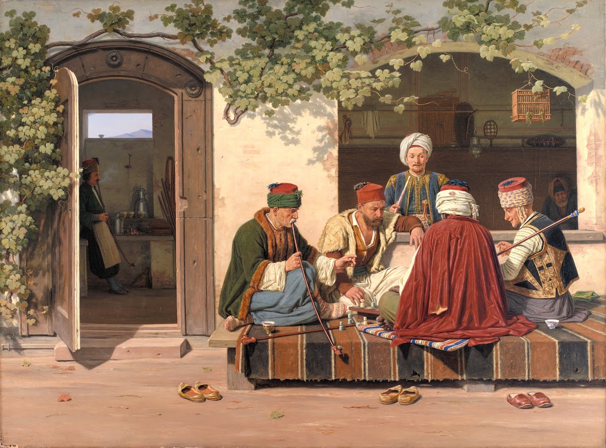 A party of chess players outside a Turkish coffeehouse and barbershop 1844   184