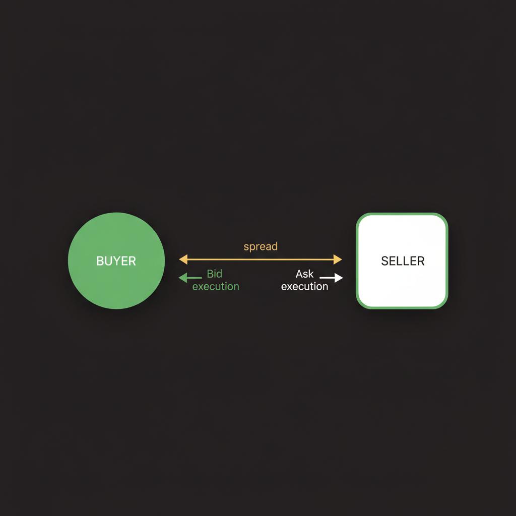 Minimalist vector infographic showing bid ask and spread with arrows between buyer and seller on dark background how to start equity trading