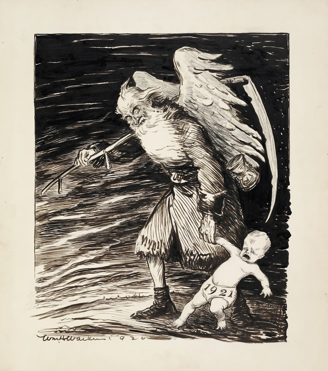 Father Time pulls a baby representing the year 1921 to take his place for the Ne
