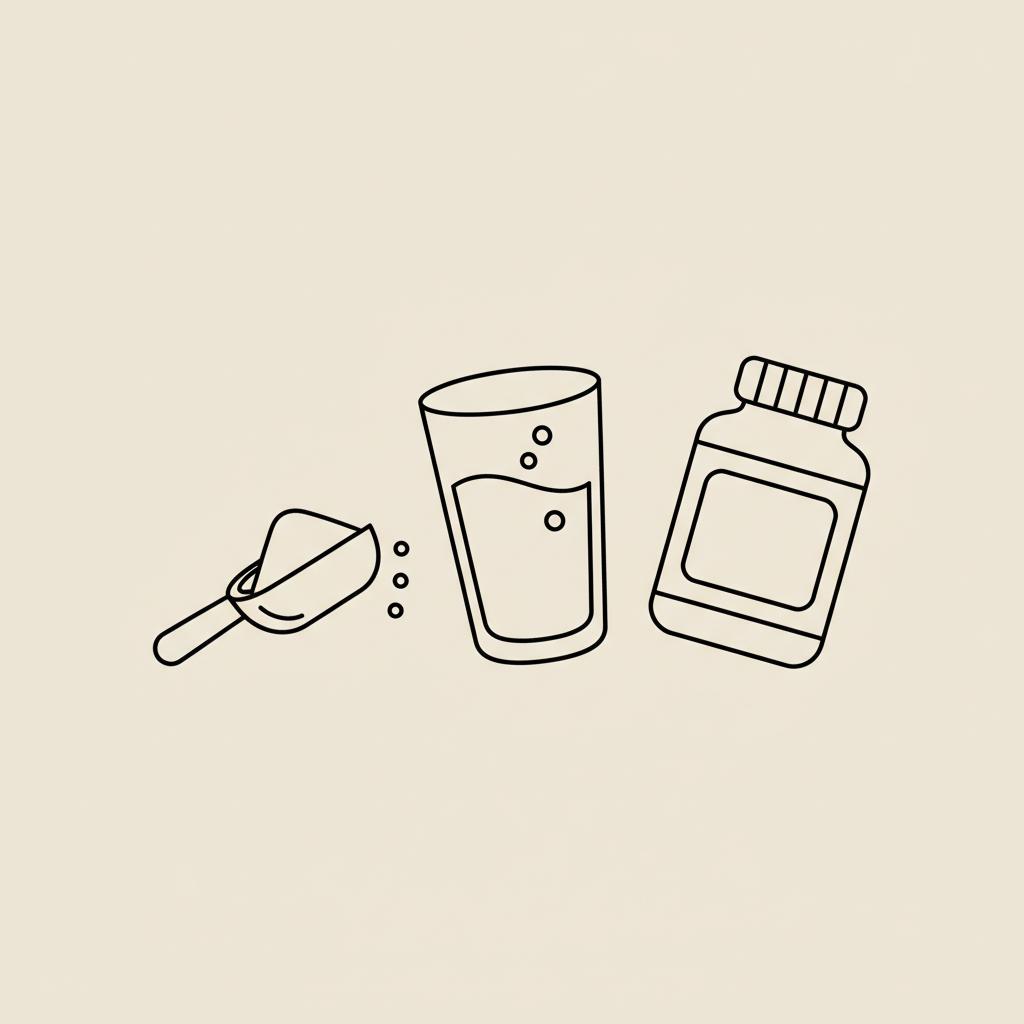 Minimalist Tonum-style line illustration of a glass of water, a small scoop of powder, and a capsule bottle silhouette on beige background — How to take Metamucil for appetite control