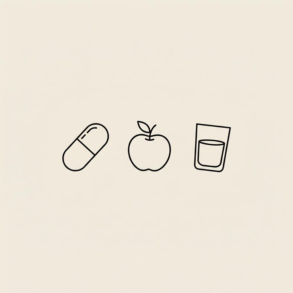 Minimal Tonum-style line illustration of a capsule, apple, and glass of water on beige background — does any pill curb appetite