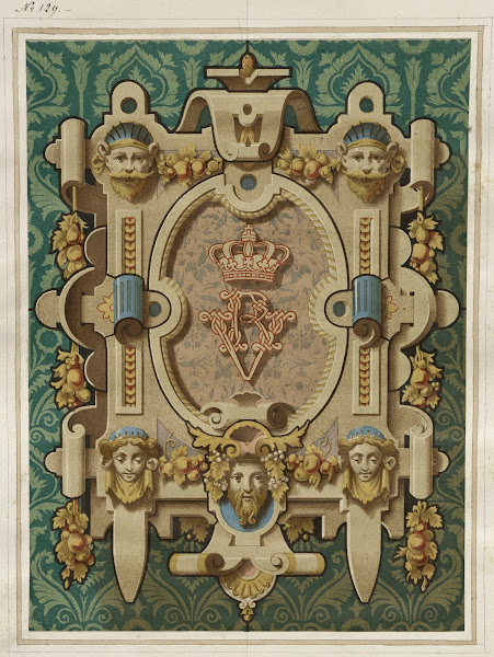 Cartouche néo renaissance à cuirs et mascarons monogramme VR surmonté dune couro