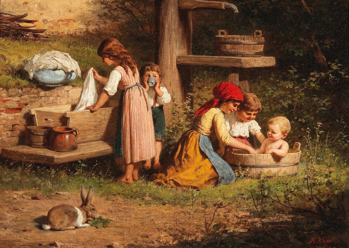 Kinder am Brunnen rückseitig alt betitelt