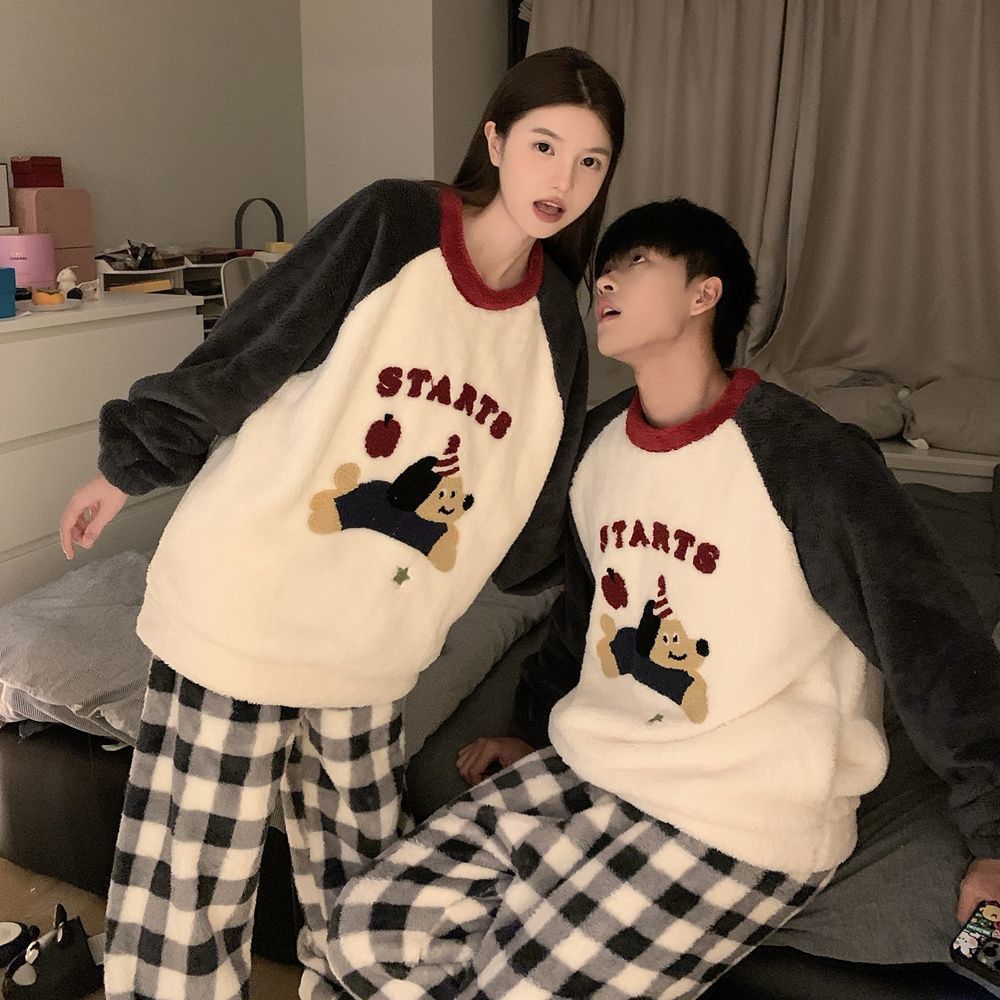 Couple Pajamas, Winter, Coral Fleece, Lined, Cartoon