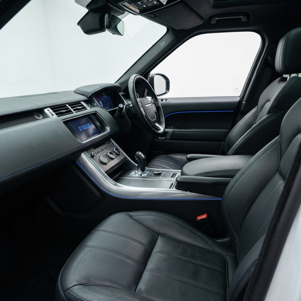 range rover sport for sale interior close up premium leather seats dashboard controls blue 3666ed accent stitching white background