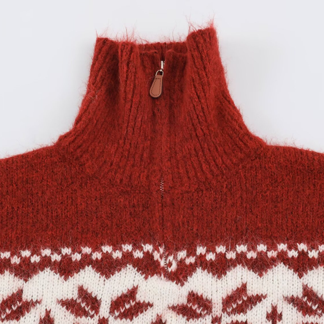 Fair-Isle Knit Sweater with Stand-Up Collar and Zipper