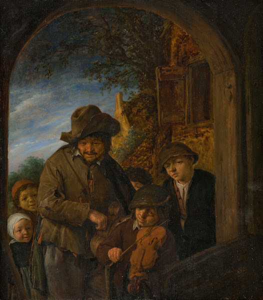 A hurdy gurdy player with a young violinist and four other children in a doorway