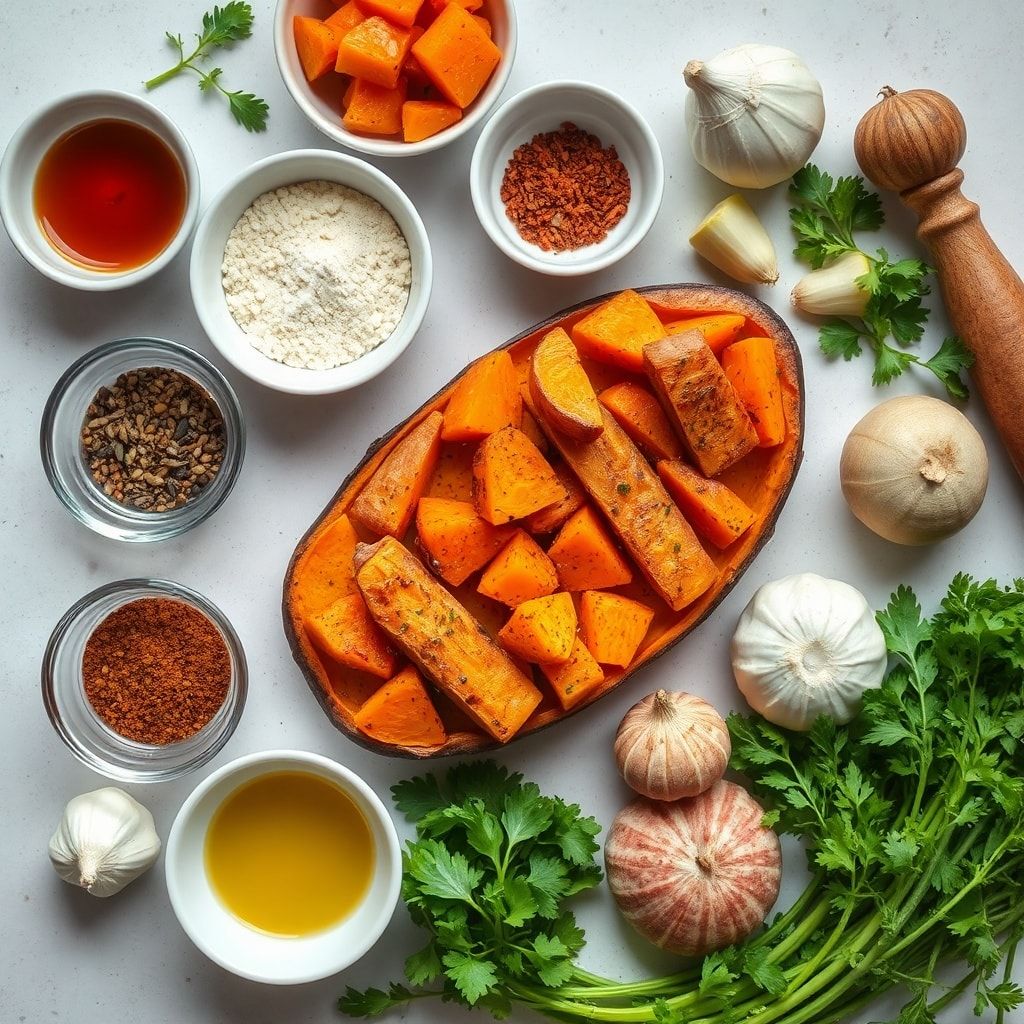 Ingredients for Crispy Roasted Sweet Potatoes Recipe Ready in 40 Minutes – Easy Homemade Side