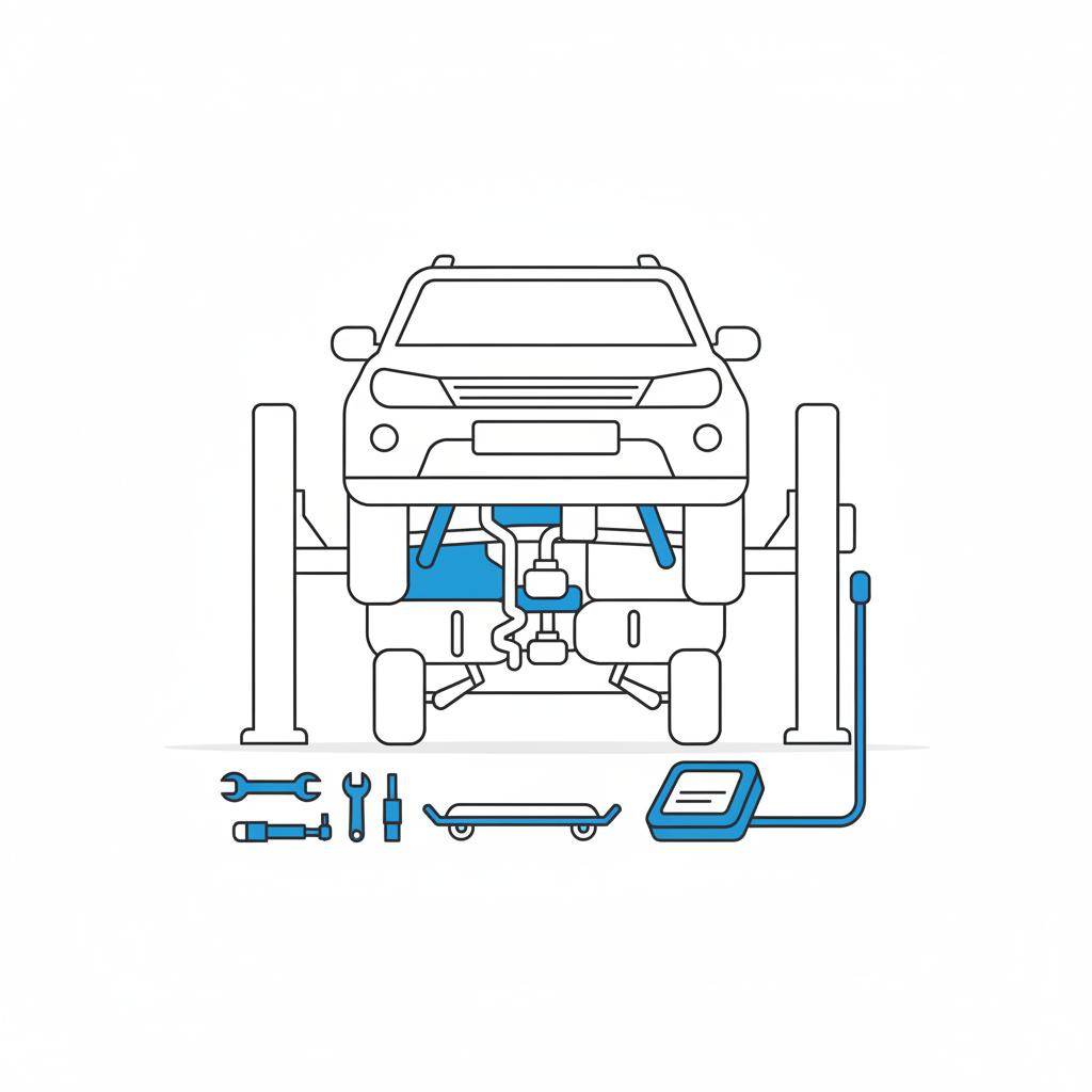 Minimalist 2D vector showing an elevated SUV underbody with tools and a diagnostic scanner arranged below for a pre purchase inspection suv for sale near me