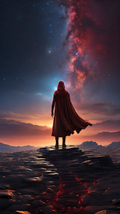 Red Cloak Figure Cosmic View Rocky Mountain Vista