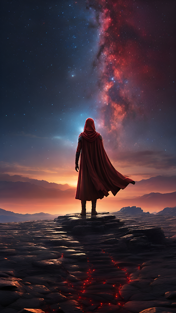 Red Cloak Figure Cosmic View Rocky Mountain Vista - Free mobile Wallpaper