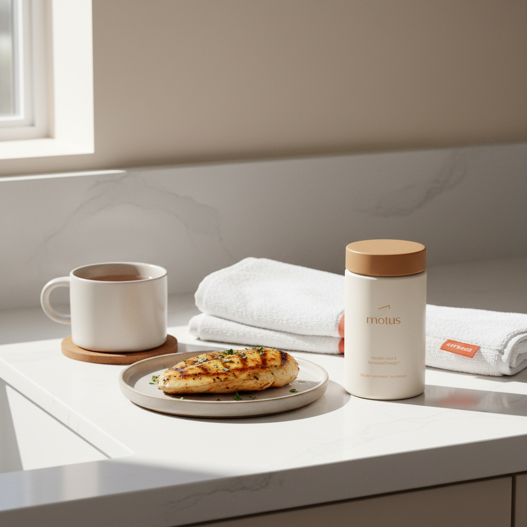 Tonum Motus supplement bottle on a kitchen counter beside a plate of lean protein, cup of tea and folded workout towel in morning light — lose 40 pounds in 3 months
