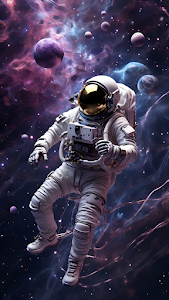 Astronaut Floating Deep Space Colorful Nebula Planets