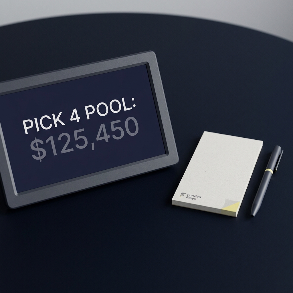 Minimalist close up of a race day tote display showing pick 4 calculator pool totals next to a notepad and pen on a dark Funded Plays background