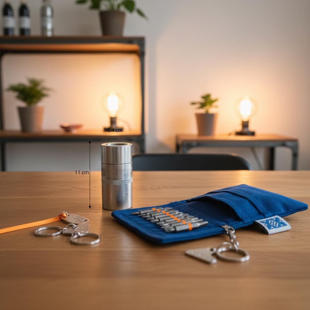 Nahaufnahme eines Esstischs mit Geschenkideen für Handwerker: gravierte Metallanhänger, Werkzeugtasche und Ersatzbits vor warmem, industriellem Hintergrund