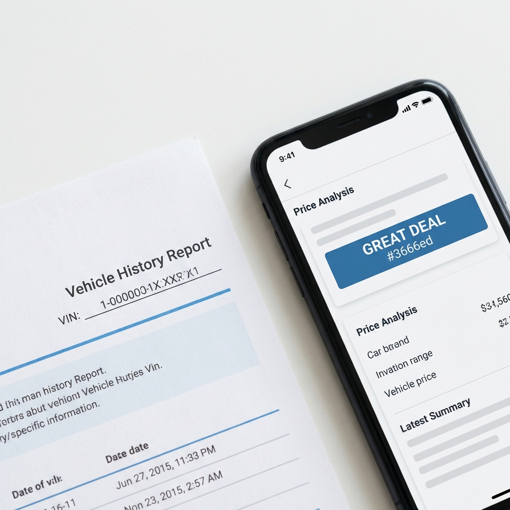 Close up of a printed vehicle history report next to a smartphone showing a price analysis label on a car listing page clean minimalist white background with blue accents suv for sale near me