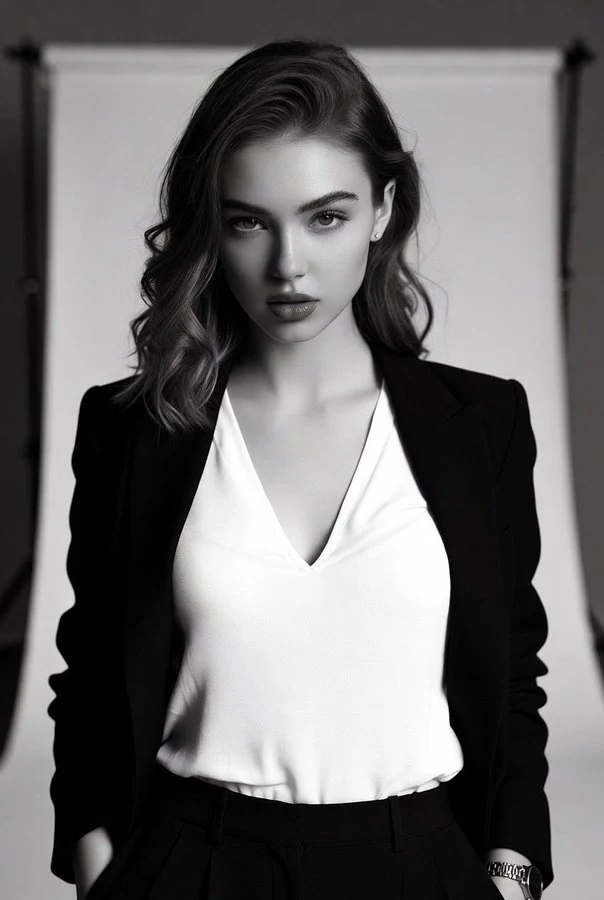 Retrato de moda en blanco y negro de alto contraste de una joven elegante.