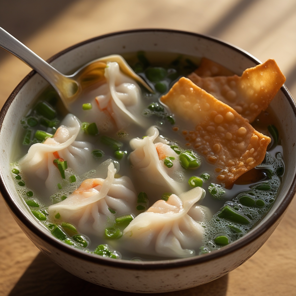 Final Ginger-Scallion Cod & Shrimp Dumpling Soup with Wonton Crisps