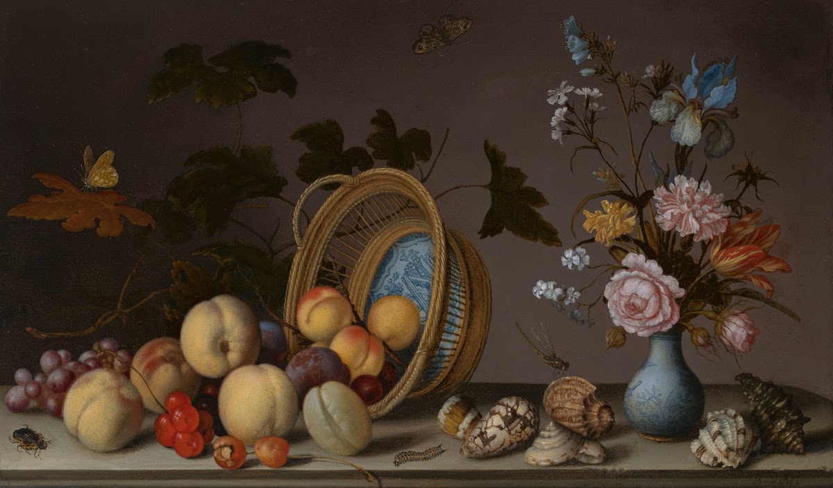 A still life with flowers in a porcelain vase seashells and an overturned basket