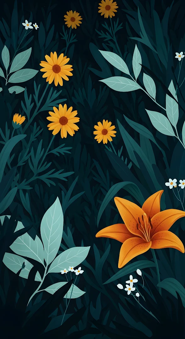 Stylized Dark Floral Garden Illustration Orange Lily