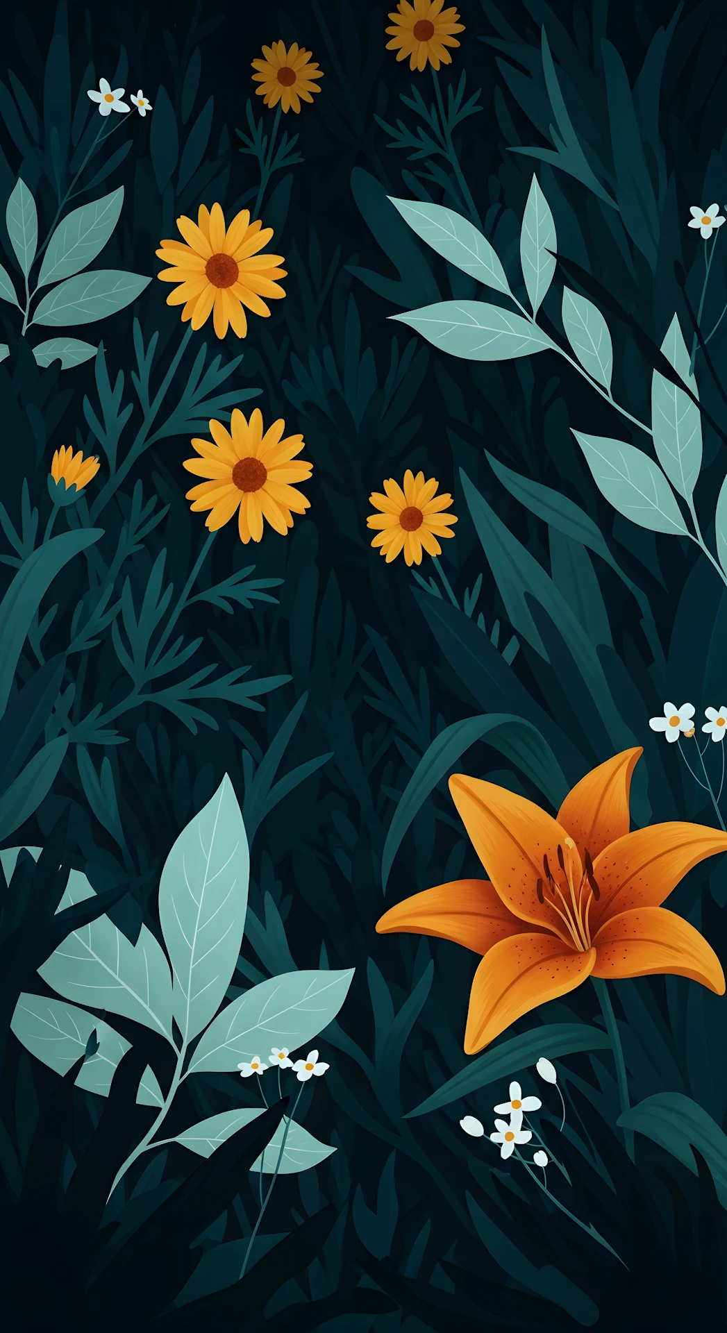 Stylized Dark Floral Garden Illustration Orange Lily - Free 4K mobile Wallpaper