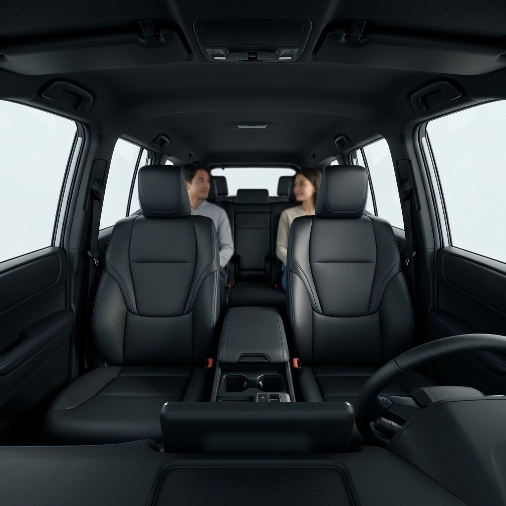 Interior view of a toyota land cruiser for sale showing three rows of seating with third row passengers for scale bright minimalist white interior and blue accent trim