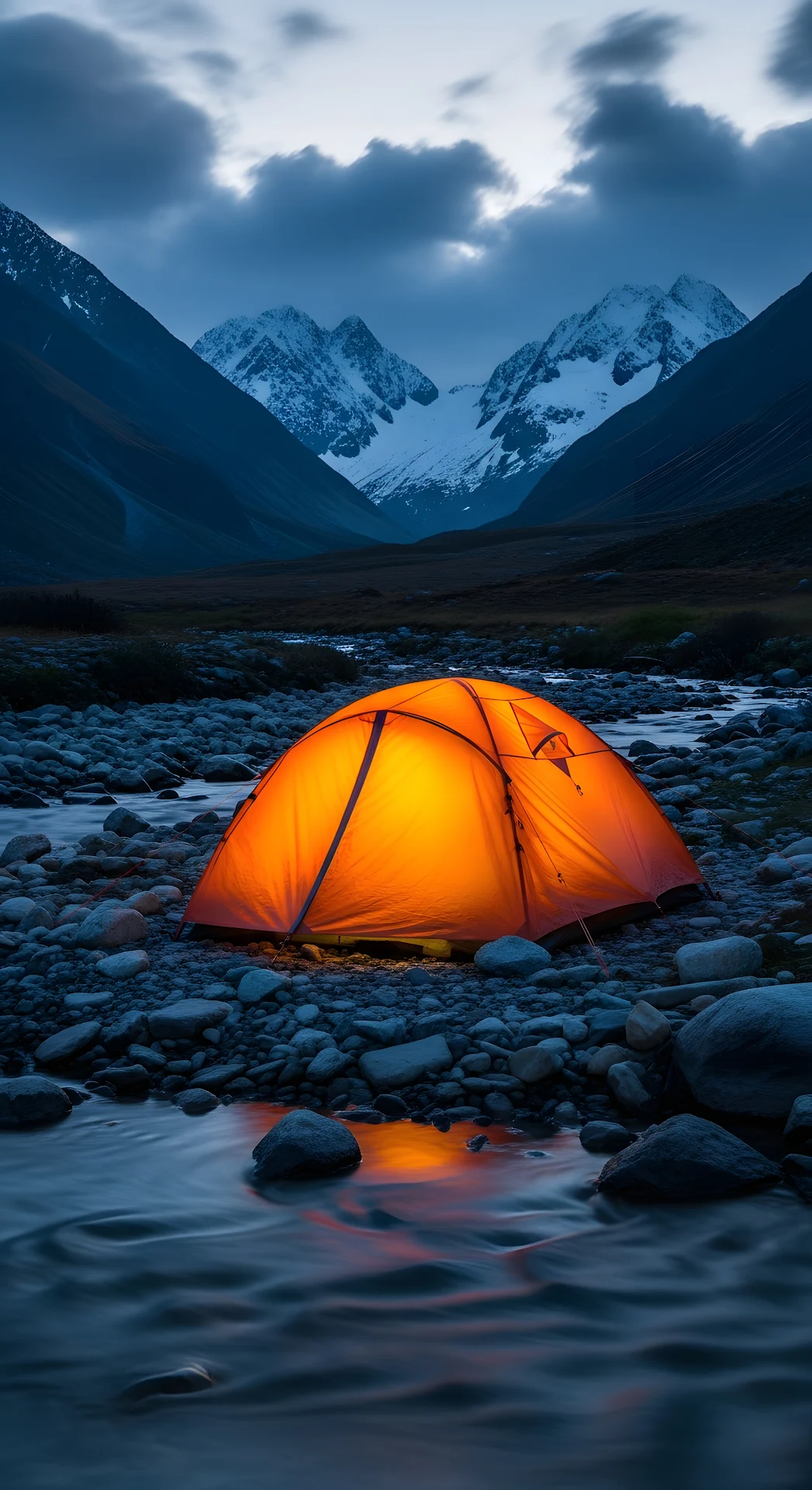 Glowing Tent in Alpine Valley at Twilight - Free 4K mobile Wallpaper