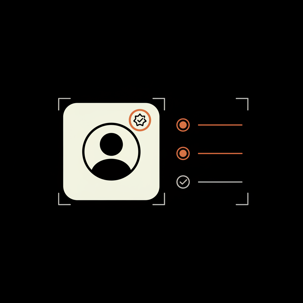 Minimal vector profile card with headshot silhouette, verification badge and checklist on black background, how do you get verified on Twitter?
